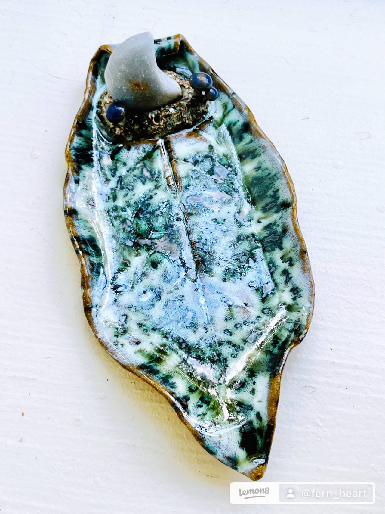 Handmade Magnolia Leaf Stoneware Incense Holder with Moon