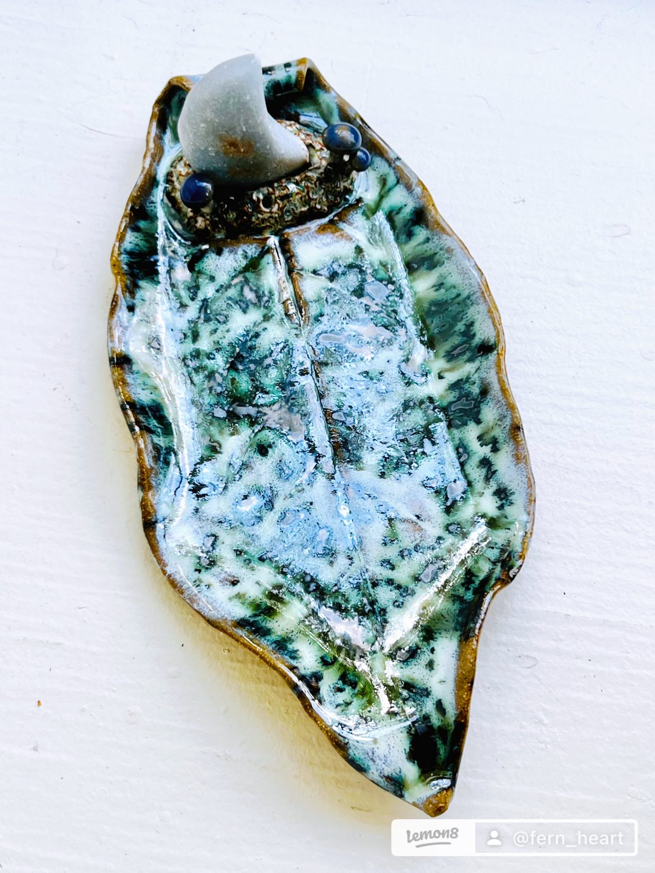 Handmade Magnolia Leaf Stoneware Incense Holder with Moon