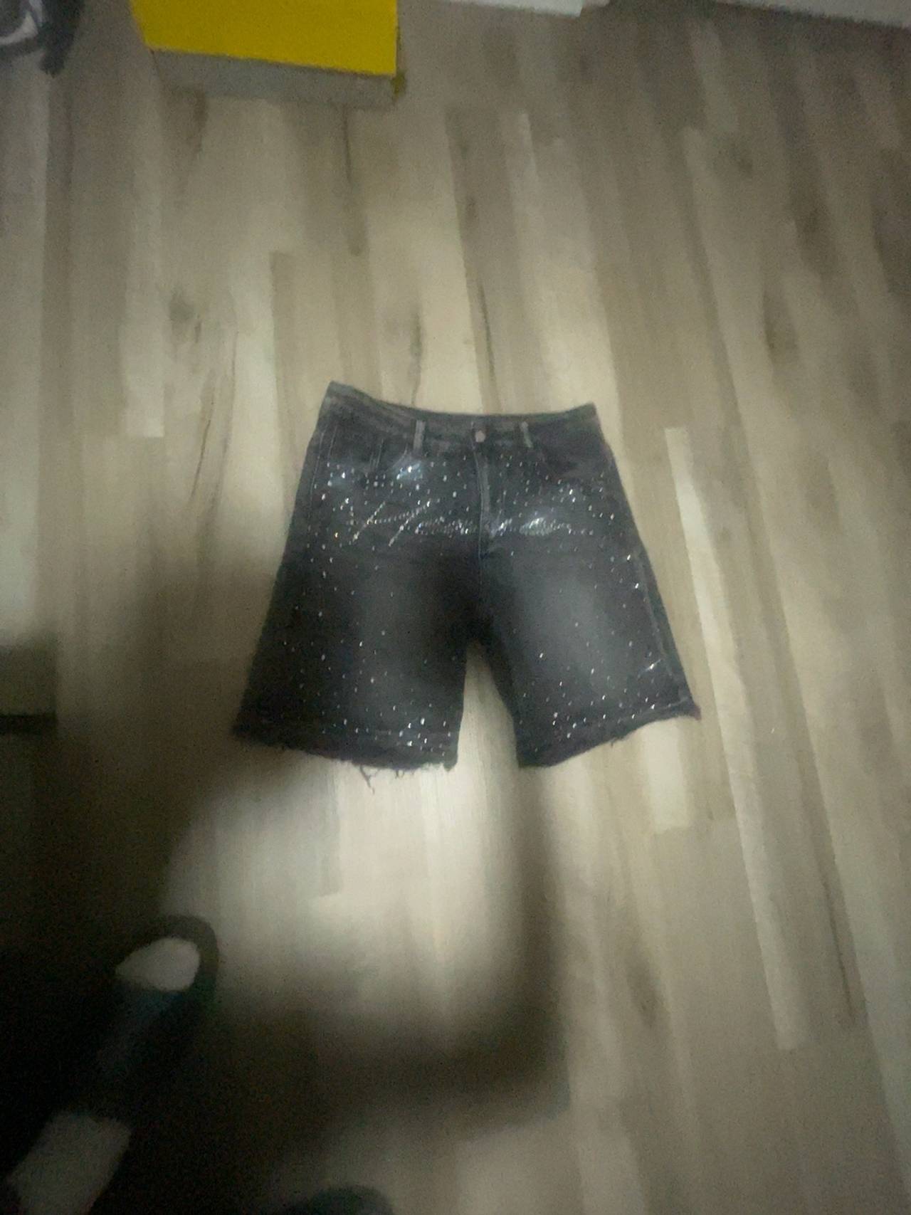 ROMWE Men's Rhinestone Denim Shorts Black