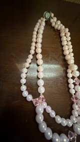 Vintage Double Strand Faux Pearl Necklace with Pink Crystal Accents - Image 5