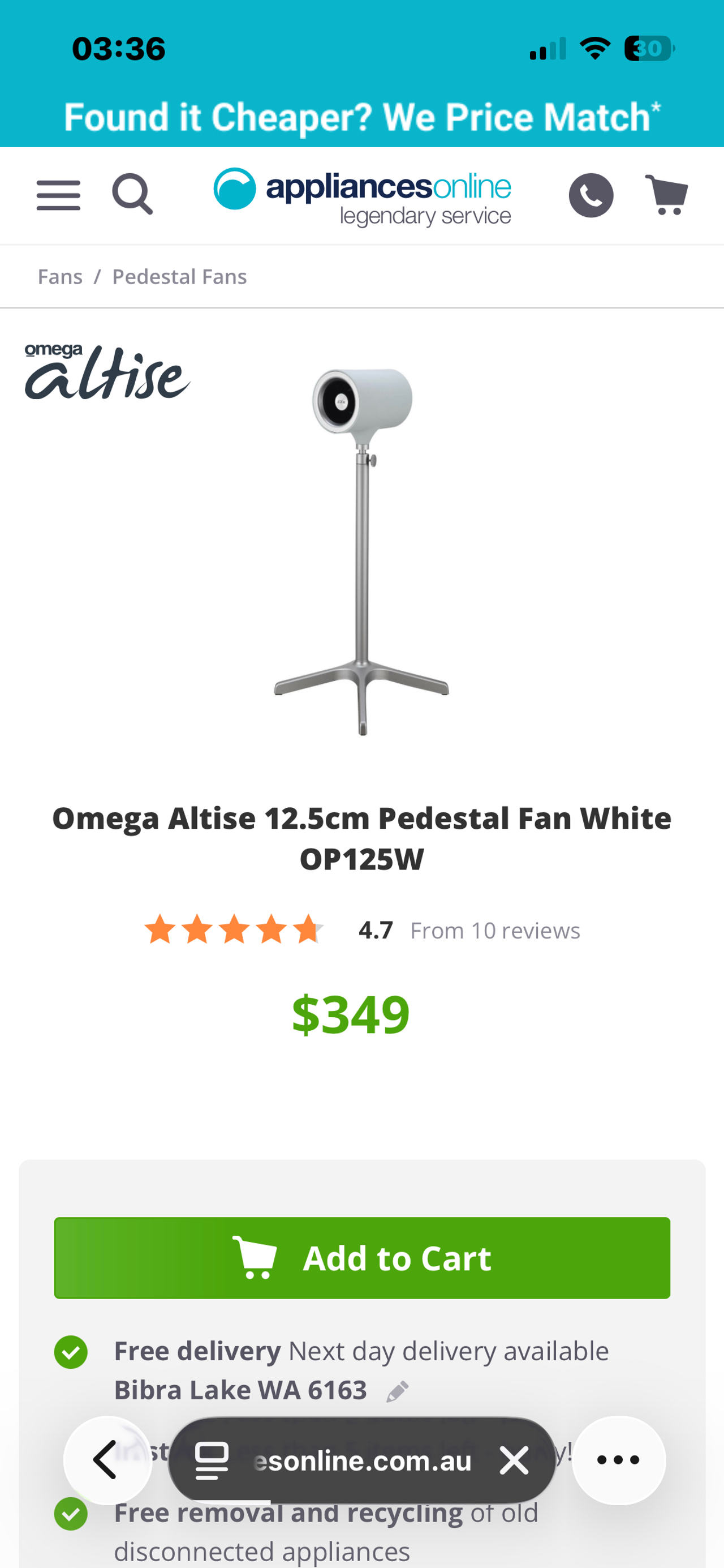 Omega Altise 12.5cm Pedestal Fan White