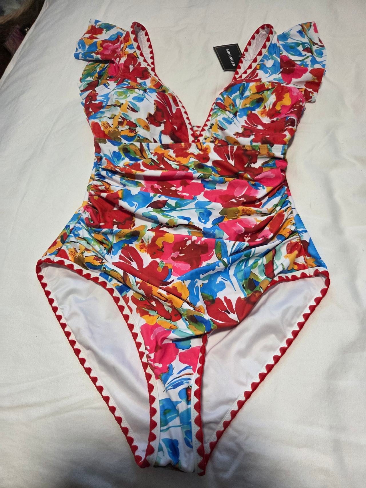 Avidlove Floral Ruffle One Piece Swimsuit with Ric Rac Trim