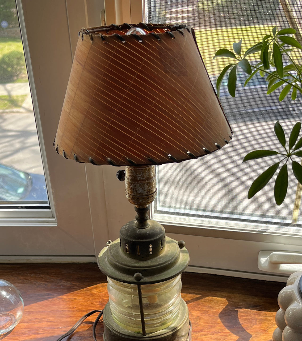 Vintage Nautical Lantern Table Lamp with Wood Slat Shade
