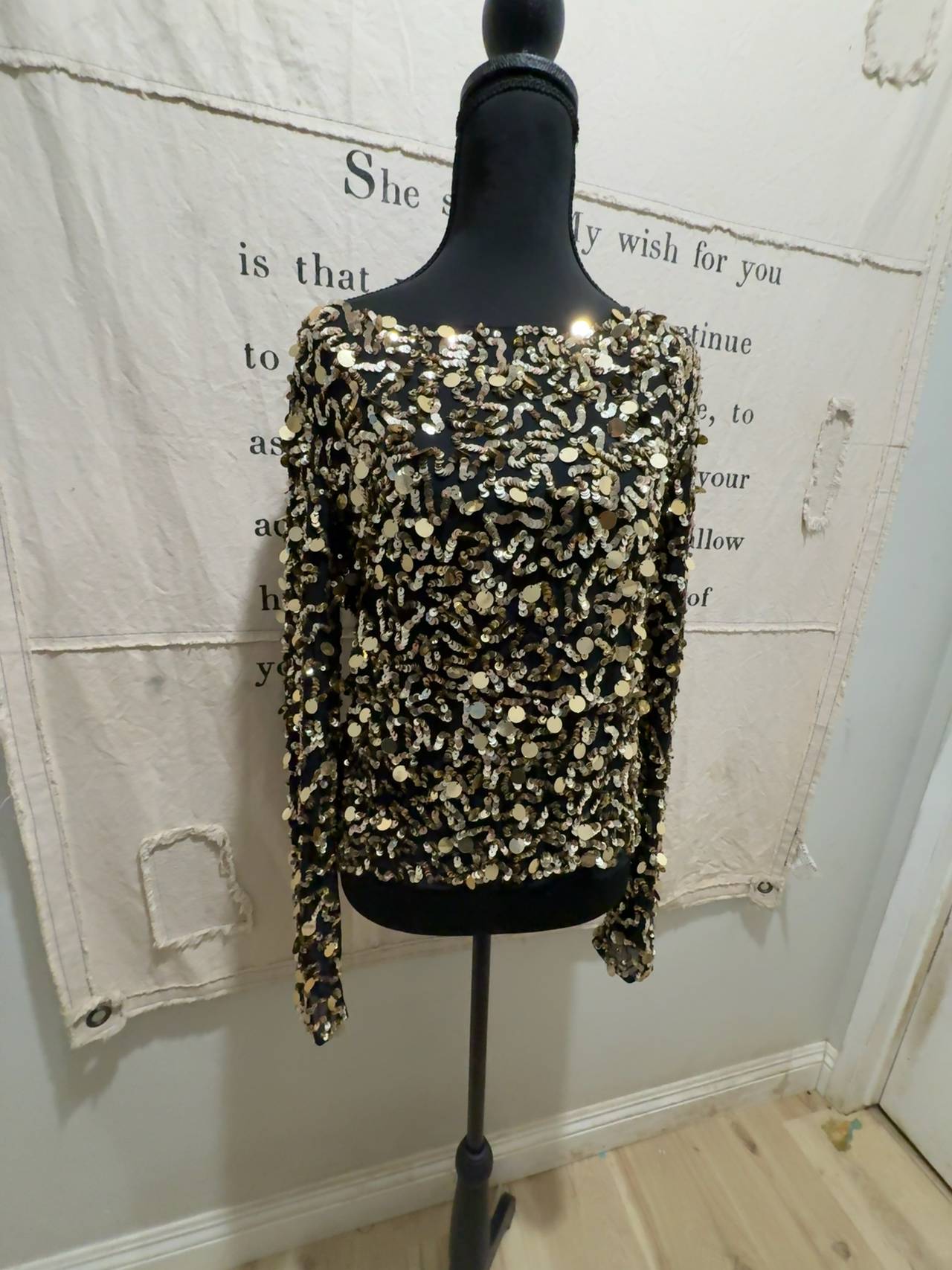 Alice + Olivia Gold Sequin Silk Long Sleeve Top