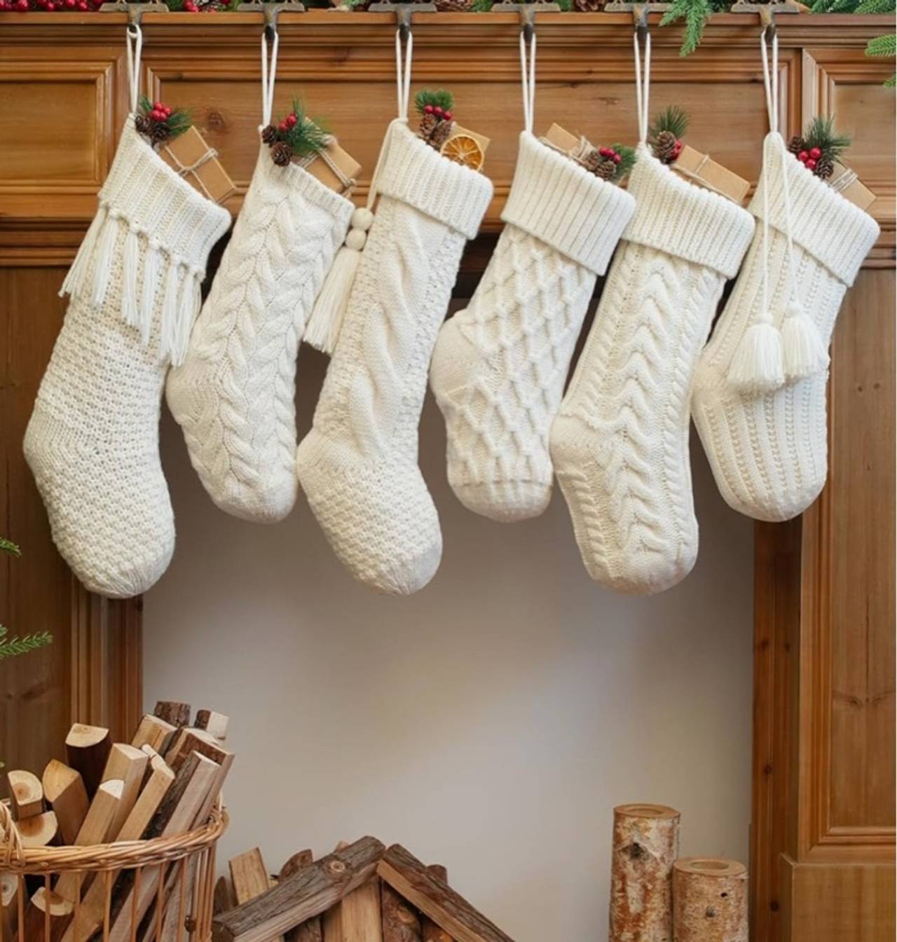 STEO SPCE 6 Pack Vintage Knit Christmas Stockings – White Beige Apricot Rustic