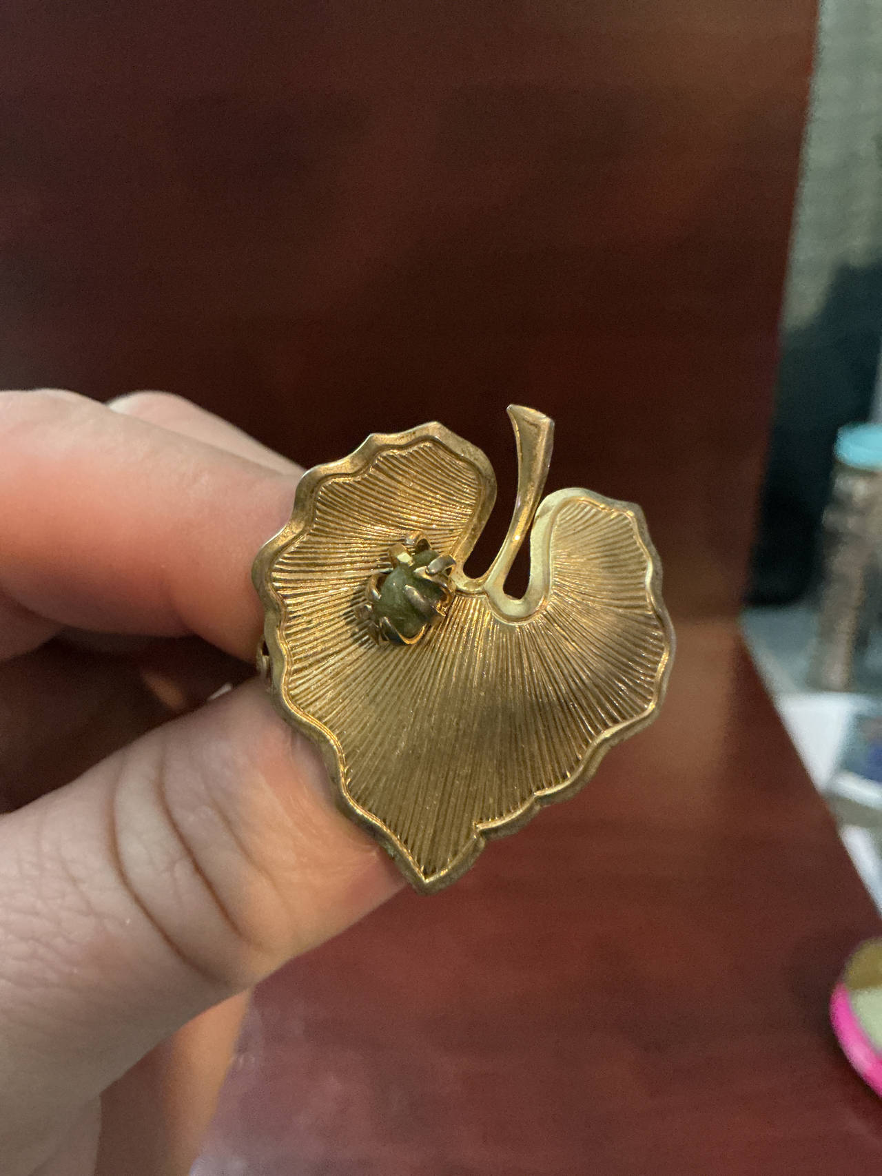 Vintage Gold Tone Leaf Brooch with Green Stone Bug