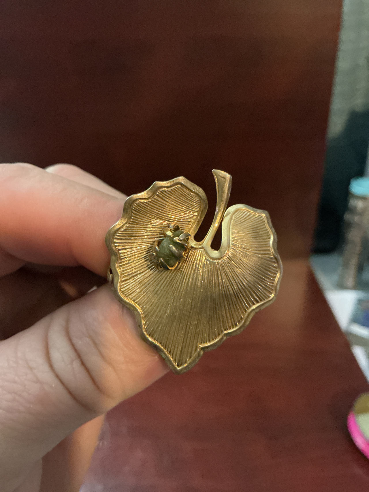 Vintage Gold Tone Leaf Brooch with Green Stone Bug