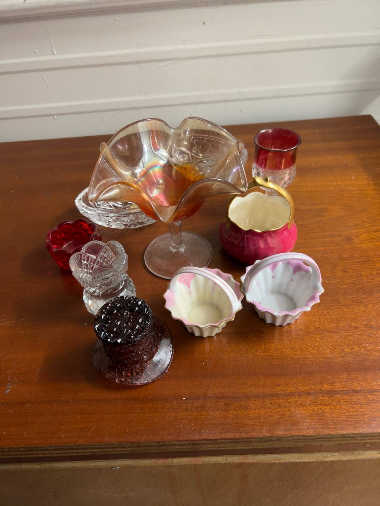 Indiana Diamond Point Ruby Mayonnaise Bowl 1949 crystal and porcelain set of 10