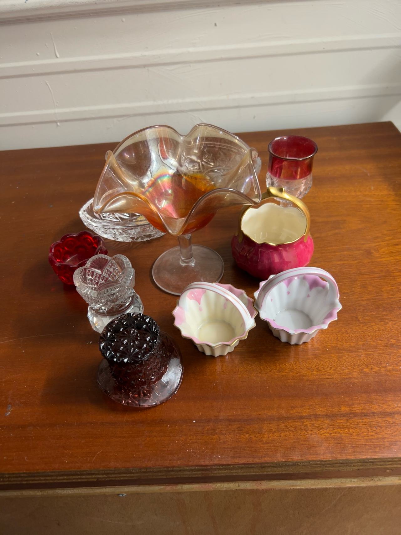 Indiana Diamond Point Ruby Mayonnaise Bowl 1949 crystal and porcelain set of 10