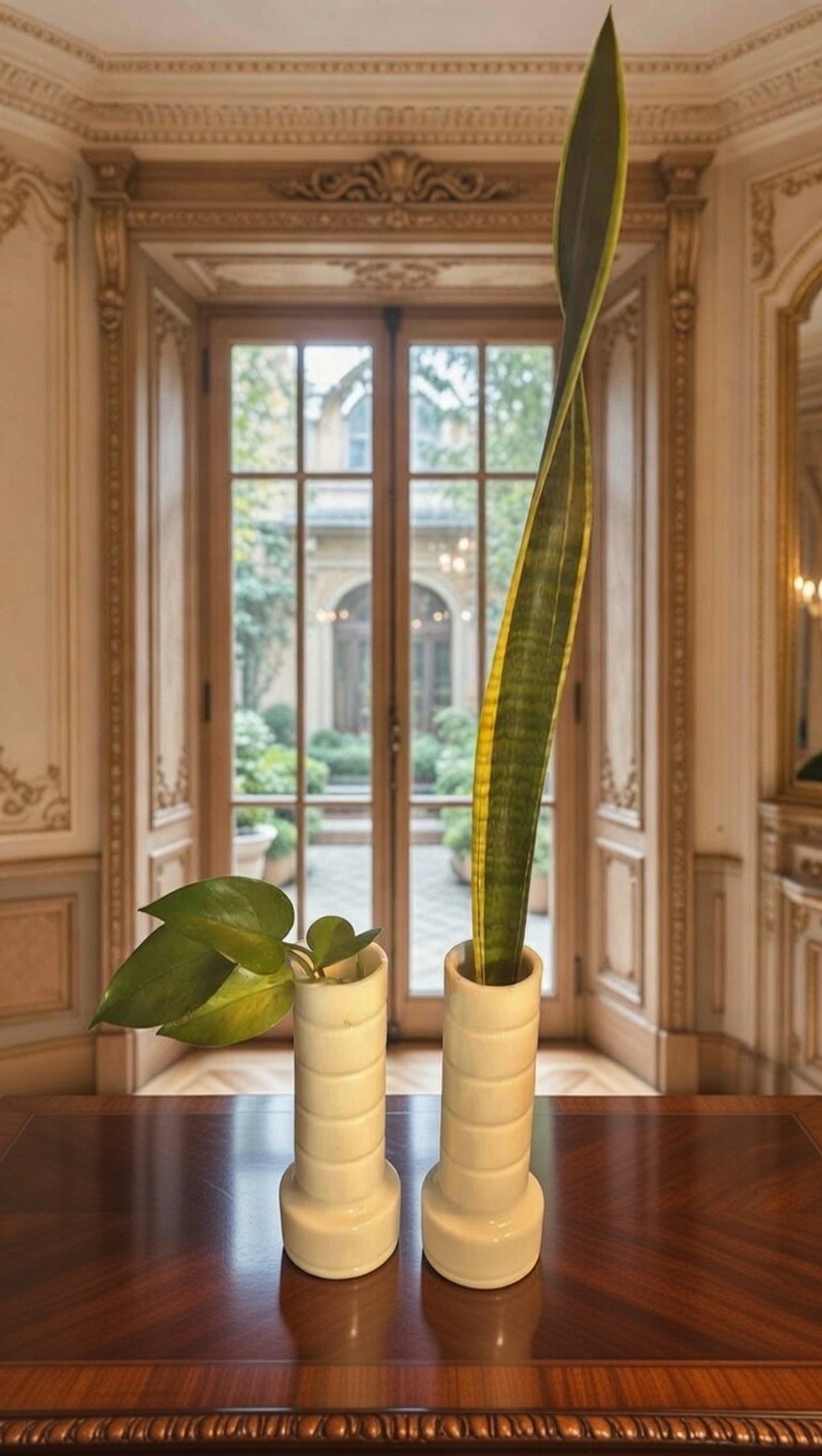 Pair of White Milk Glass Ribbed Bud Vases