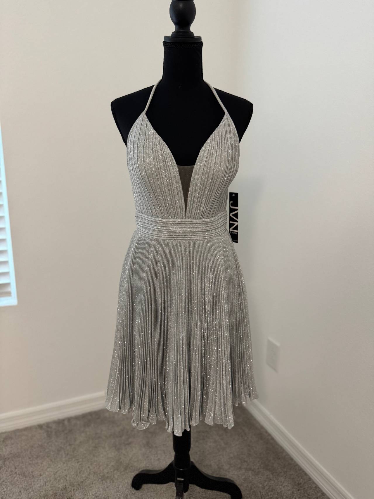 JVN by Jovani Silver Glitter Pleated Cocktail Dress