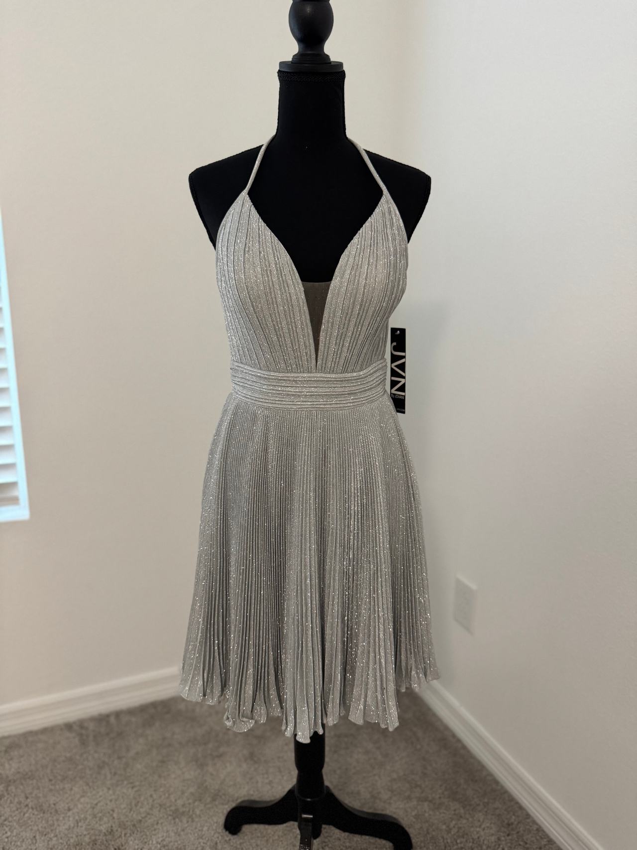 JVN by Jovani Silver Glitter Pleated Cocktail Dress
