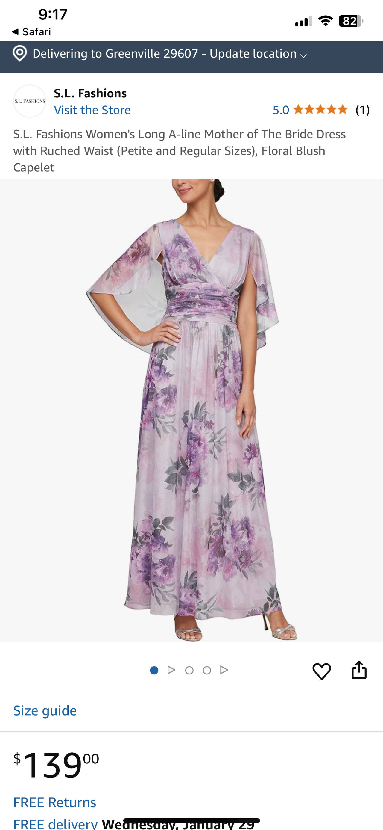 S.L. Fashions Women's Long A-line Mother of The Bride Dress with Ruched Waist, Floral Blush Capelet
