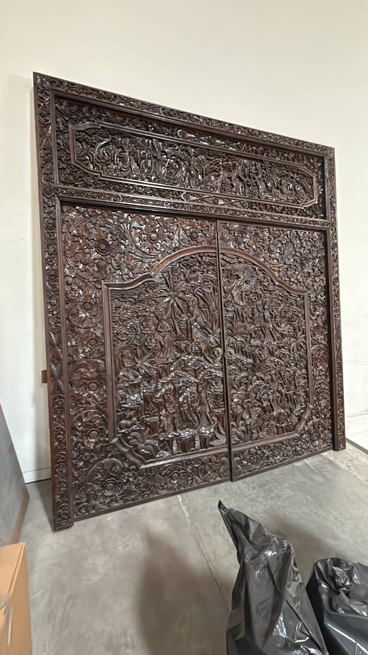 Hand-Carved Wooden Double Door with Frame