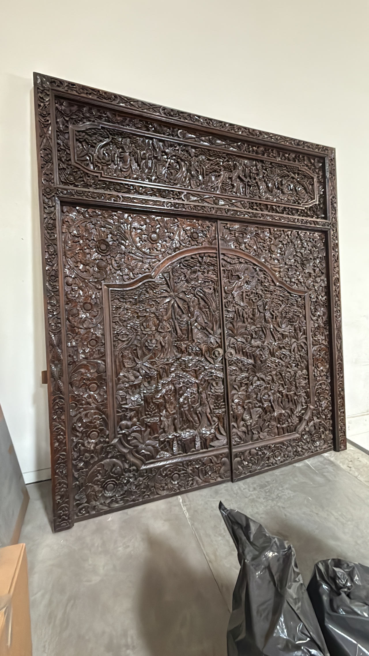 Hand-Carved Wooden Double Door with Frame