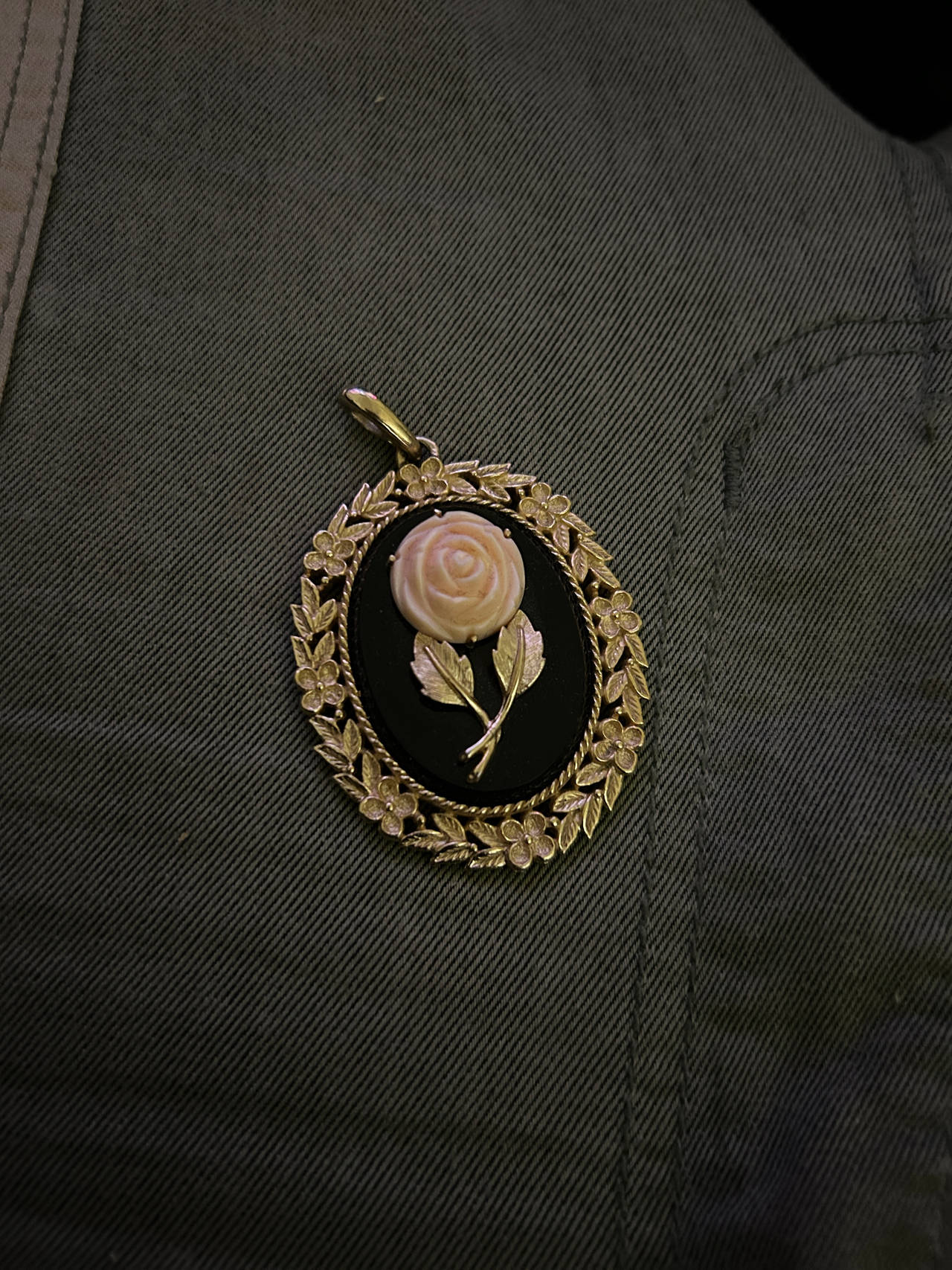 Vintage Black Onyx and Carved Shell Rose Pendant