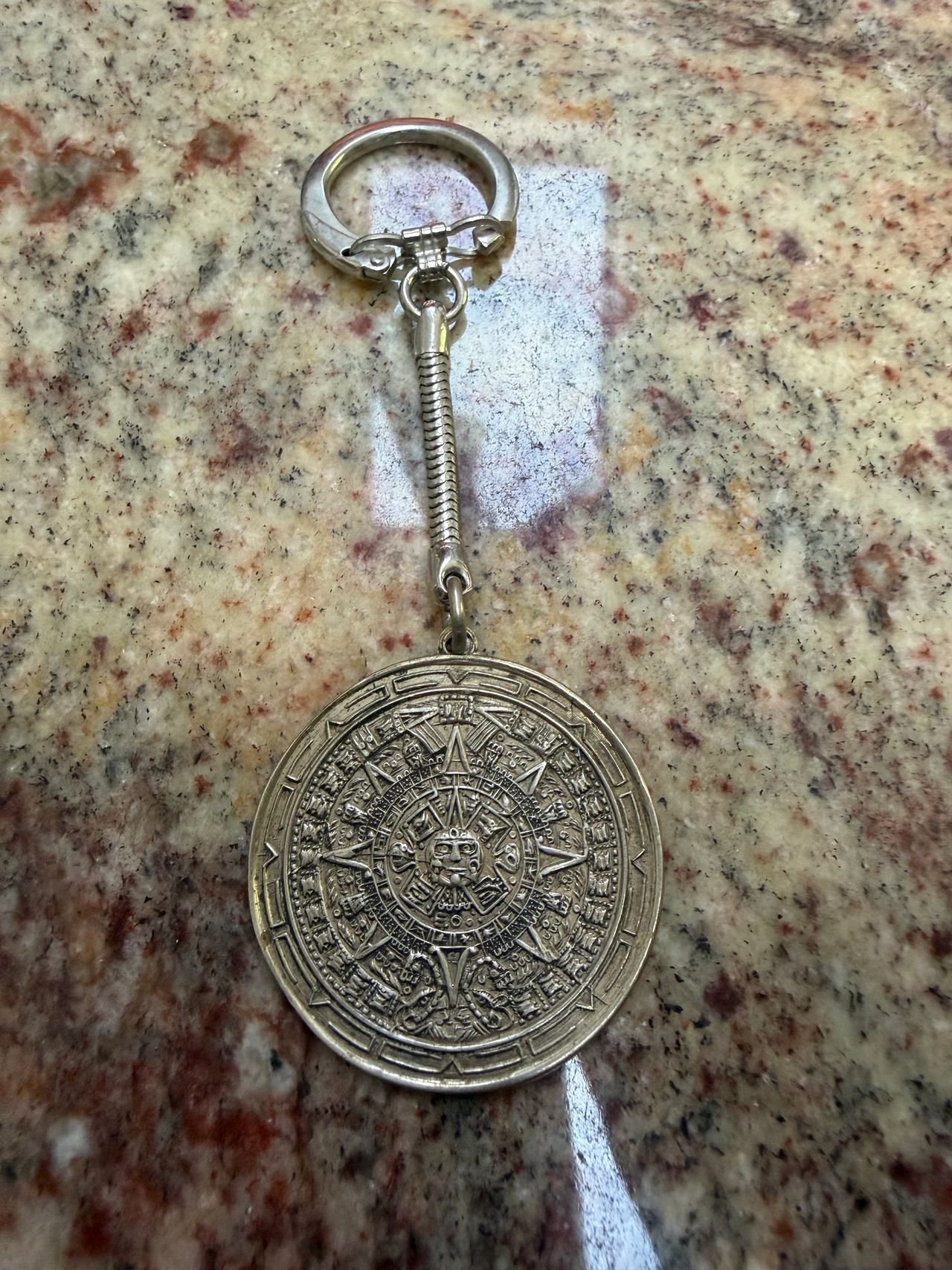 Vintage Alpaca Silver Aztec Calendar Keychain