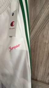 New Women’s Champion White Track Pants w/Green Stripes Pink lettering Size Large - Image 5