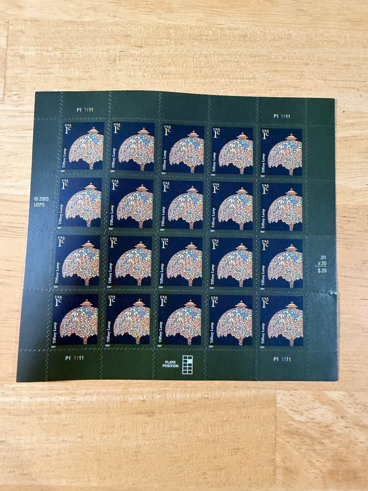2003 USPS Tiffany Lamp 1 Cent Stamp Sheet