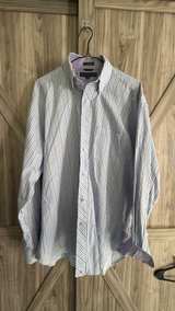 Tommy Hilfiger 80's 2-ply Fabric Striped Button Down Shirt Sz Large blue purple - Image 4