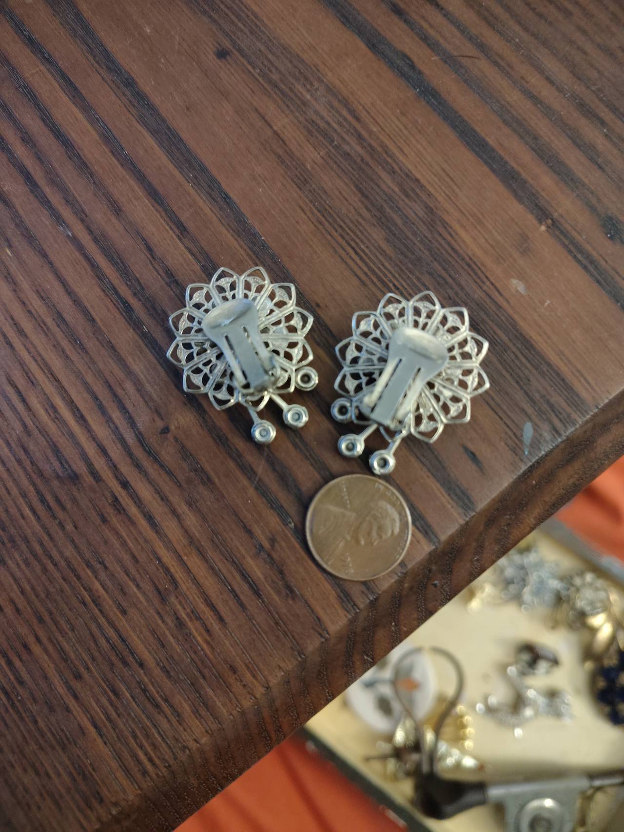 Vintage Gold Tone Filigree Flower Earrings with Blue Rhinestones