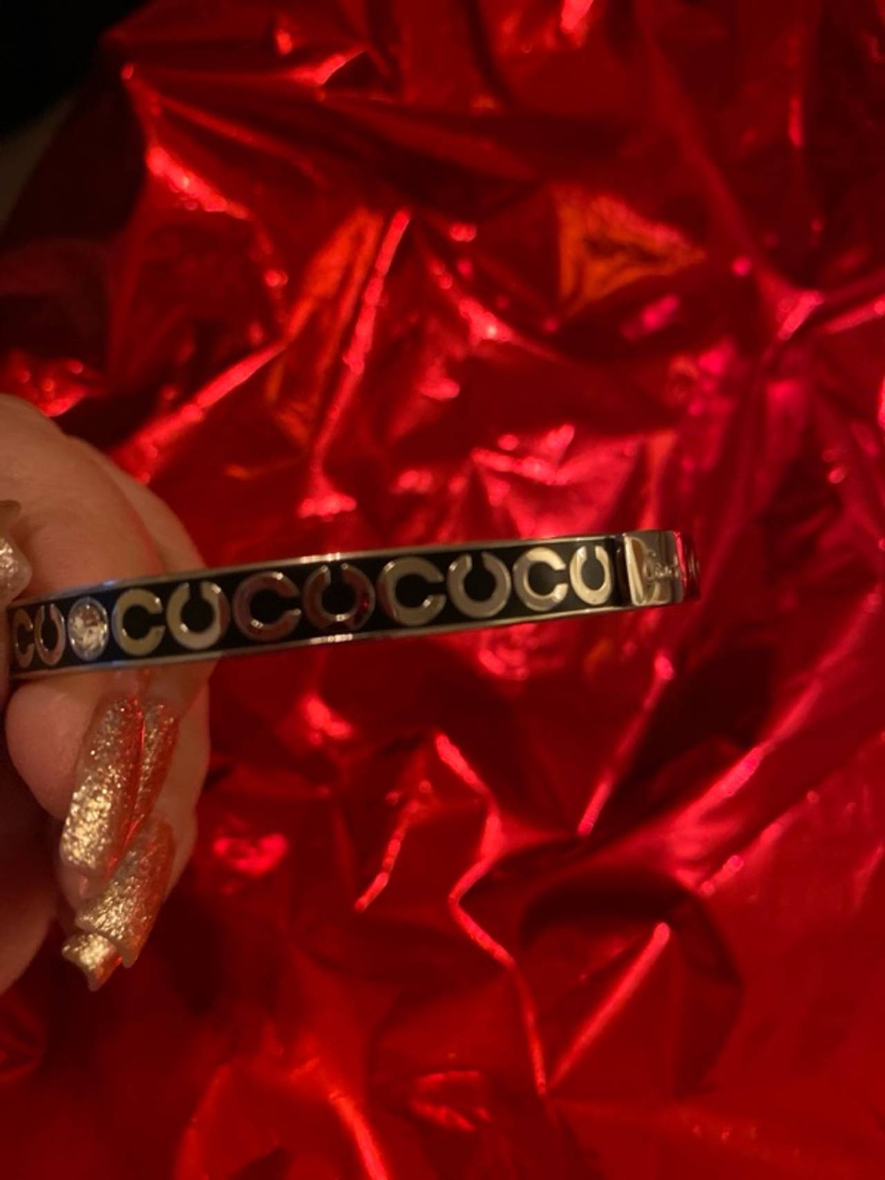 Coach Signature Bangle Bracelet Black Silver Rhinestone