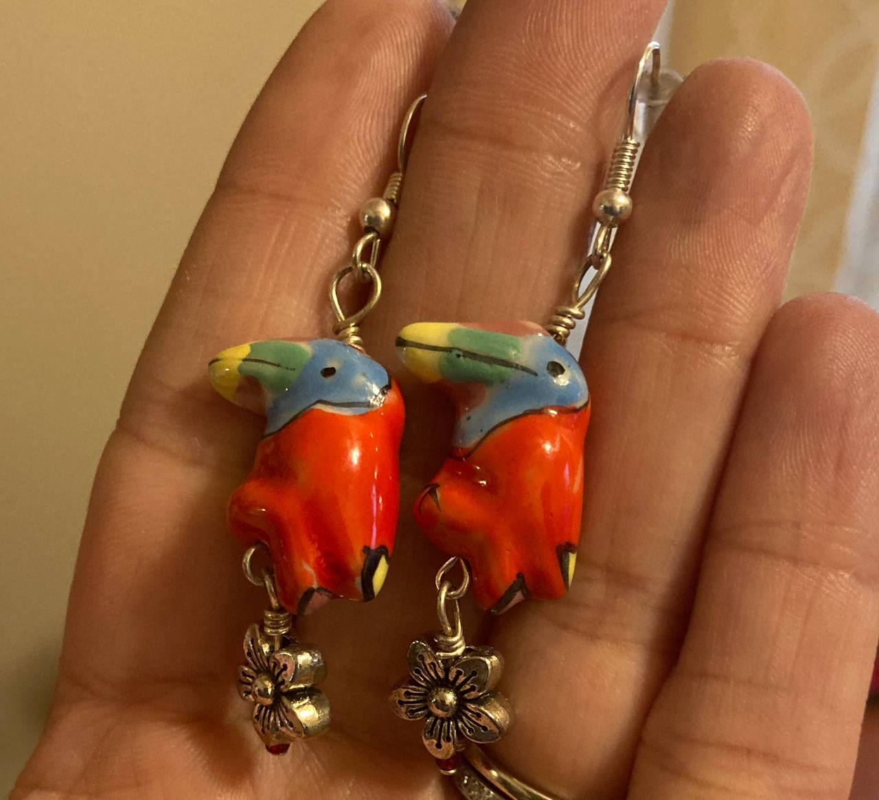 Hand-Painted Ceramic Toucan Earrings with Flower Charms