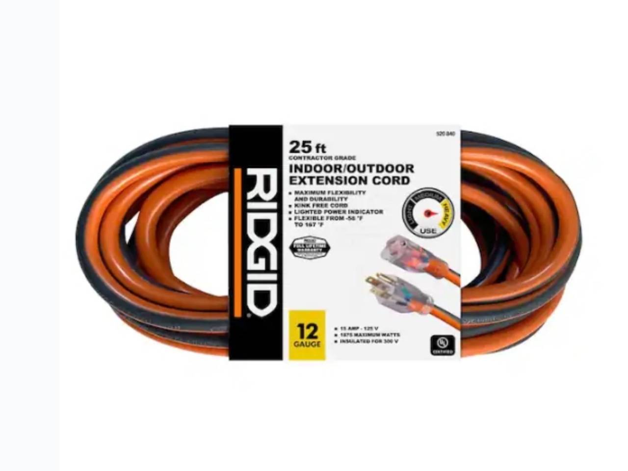 RIDGID 25 ft. 12/3 Extension Cord with Lighted Plug