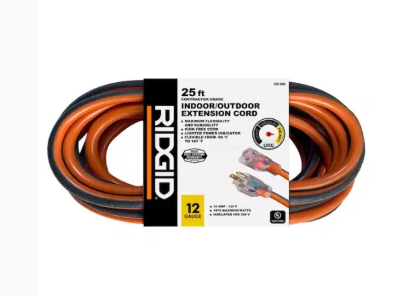 RIDGID 25 ft. 12/3 Extension Cord with Lighted Plug