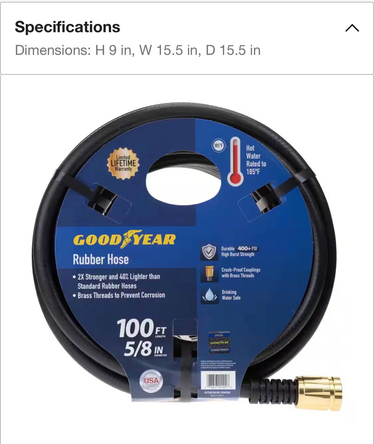 Goodyear Rubber Garden Hose 100ft x 5/8in