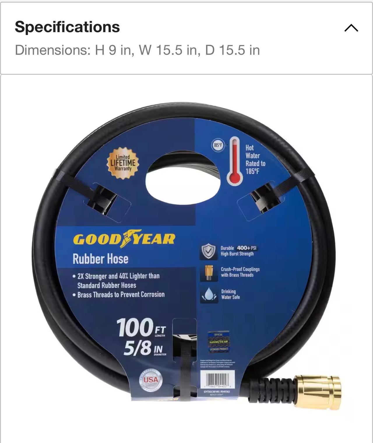 Goodyear Rubber Garden Hose 100ft x 5/8in