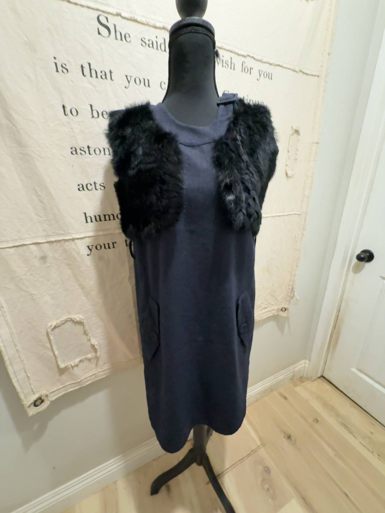 Twinkle Black Wool dress with Open rabbit fur Vest
