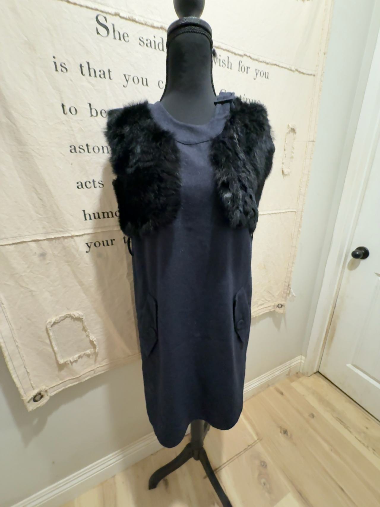 Twinkle Black Wool dress with Open rabbit fur Vest