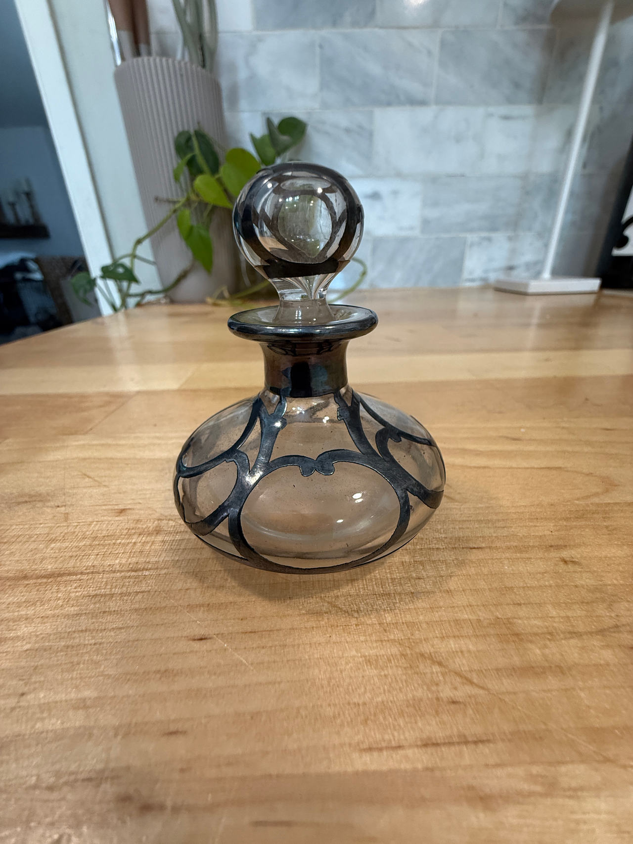 Vintage Silver Overlay Glass Perfume Bottle with Stopper
