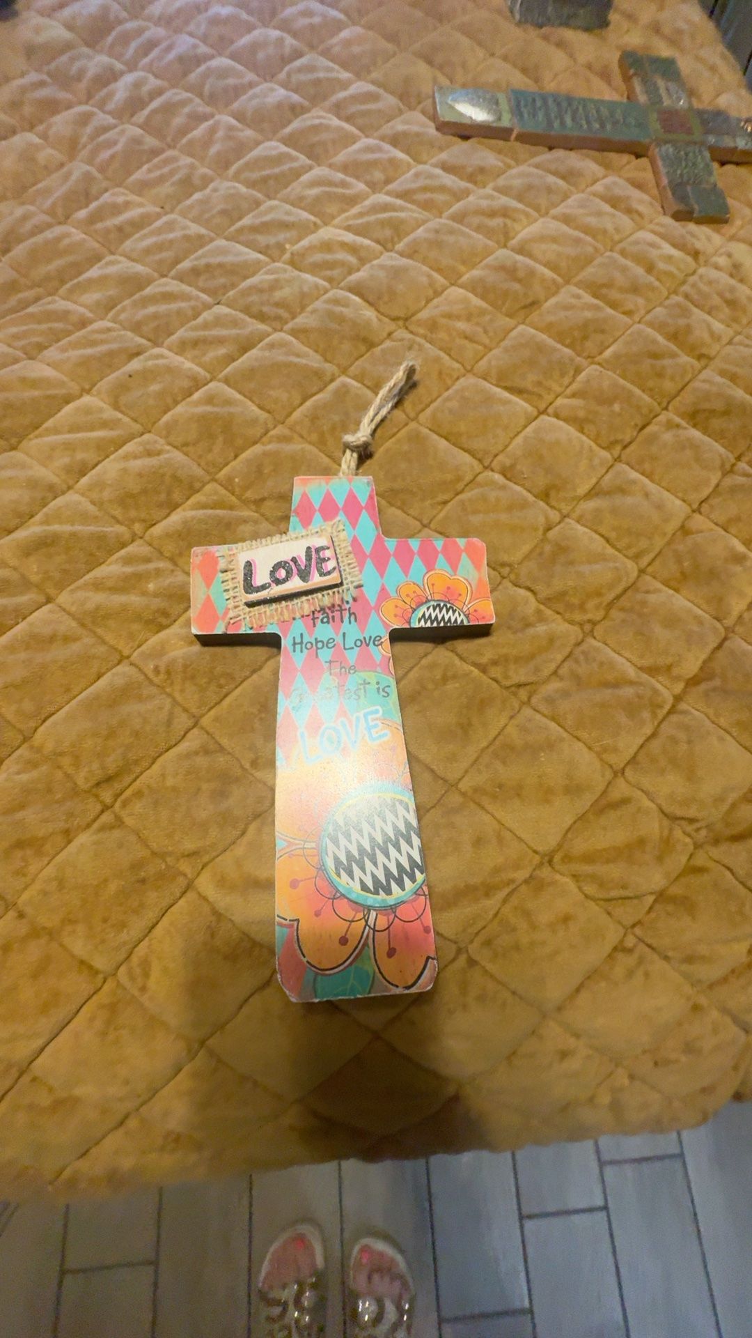 Demdaco Hand-Painted Wooden Cross with Red Rose Heart
