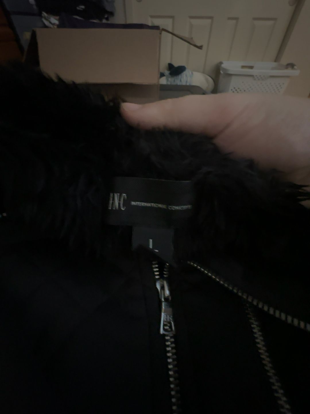 INC International Concepts Black Faux Fur Jacket Large