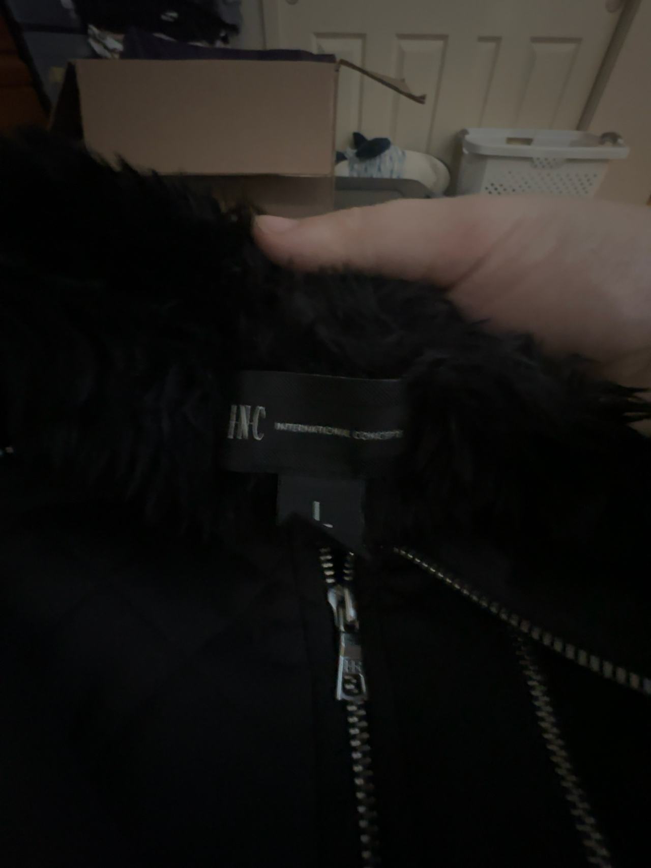 INC International Concepts Black Faux Fur Jacket Large