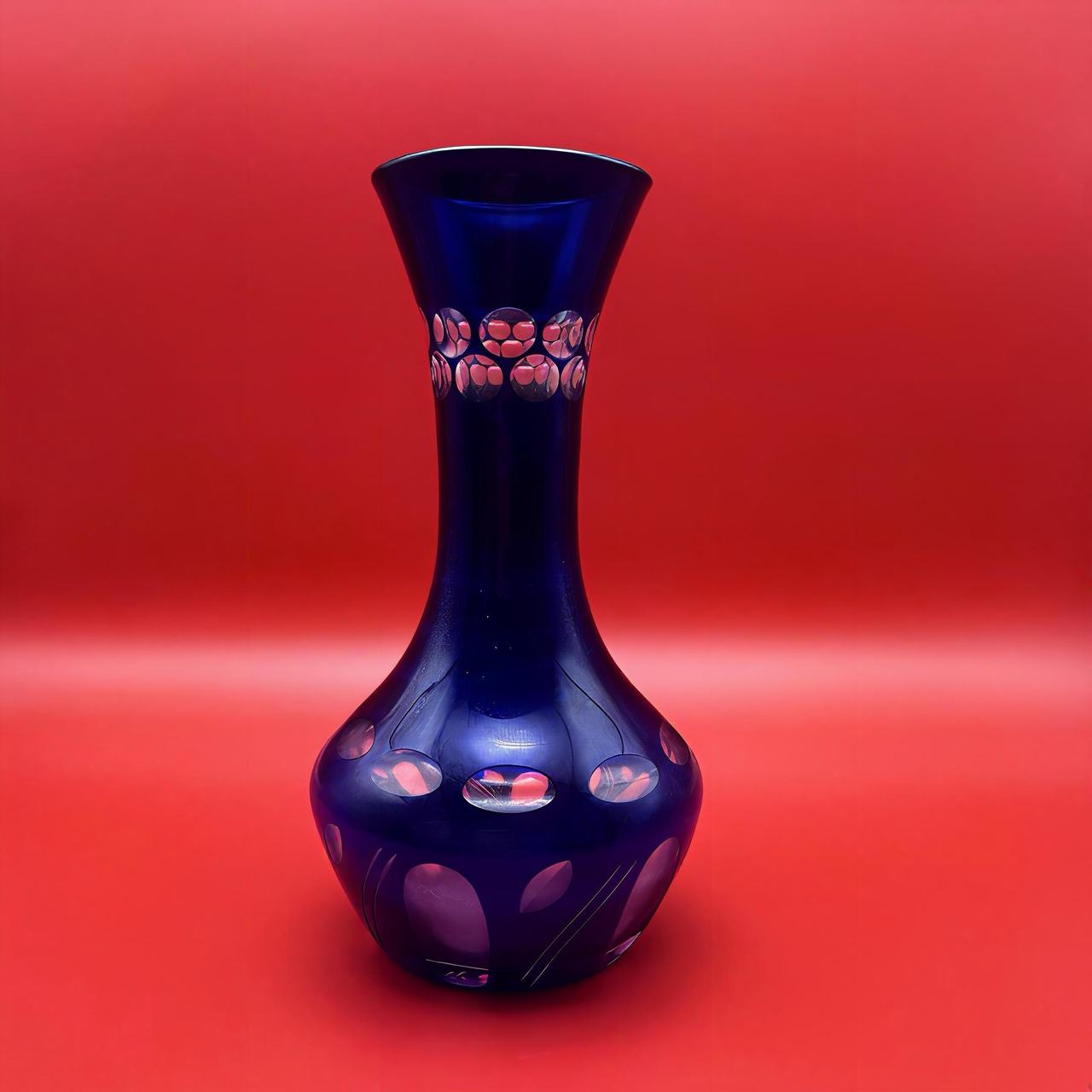 Vintage Cobalt Blue Cut-to-Clear Glass Vase