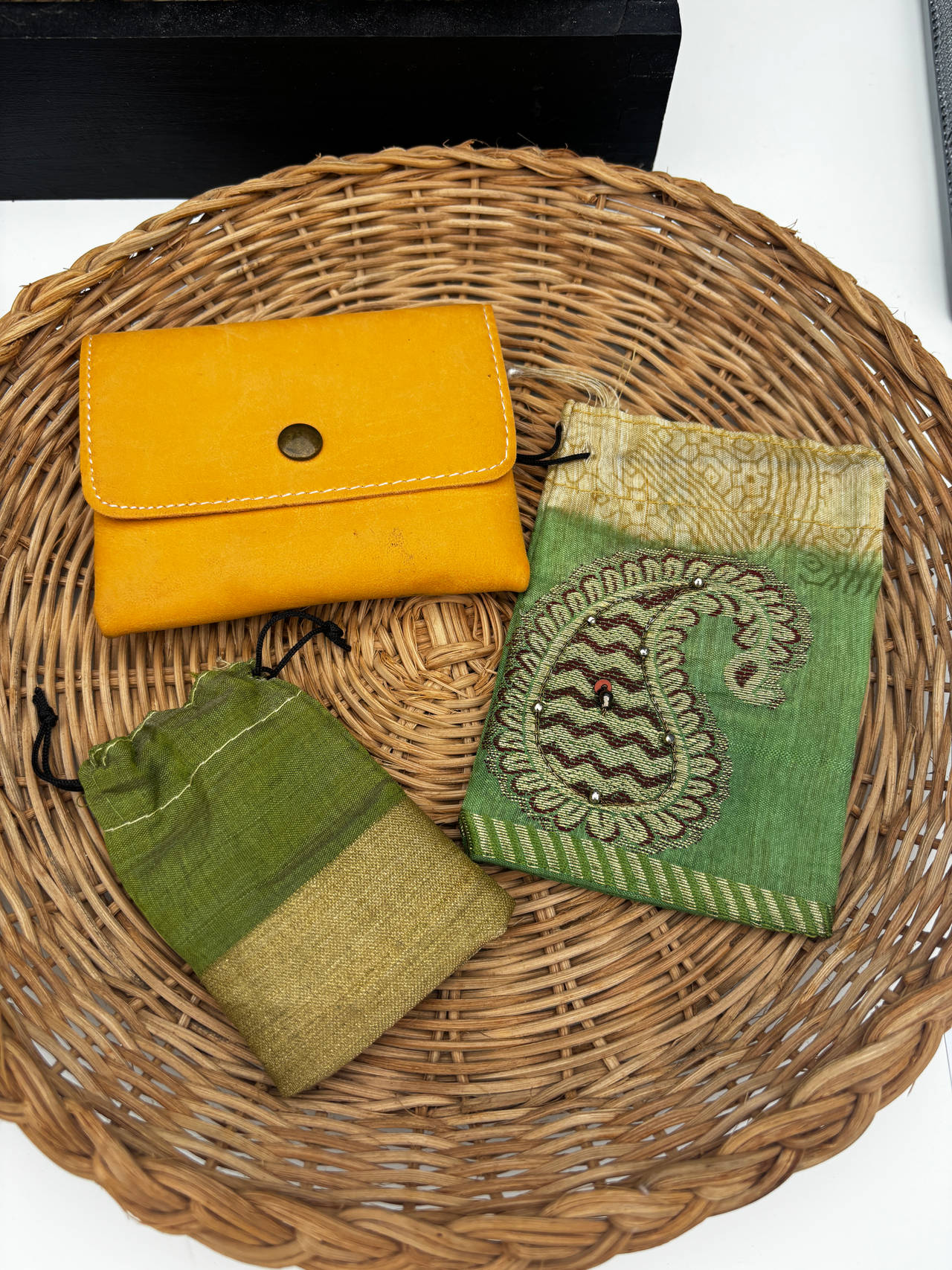 Leather Pouch and Fabric Drawstring Bags Set