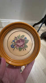 Vintage Floral Needlepoint Round Wooden Framed Wall Art Set of 2 - Image 3