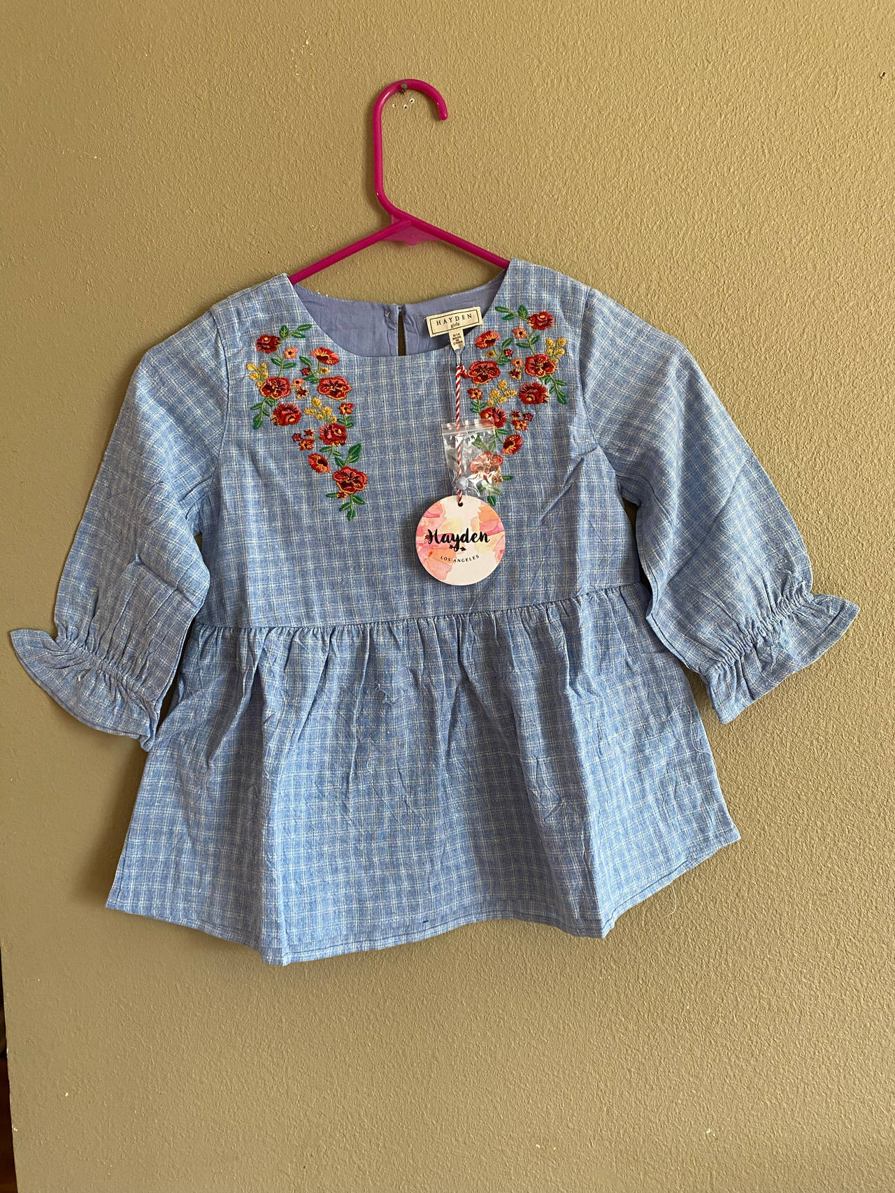 Hayden Los Angeles Girls Blue Plaid Floral Embroidered Top