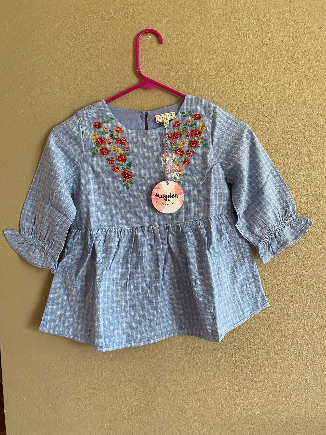 Hayden Los Angeles Girls Blue Plaid Floral Embroidered Top