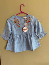Hayden Los Angeles Girls Blue Plaid Floral Embroidered Top - Image 1