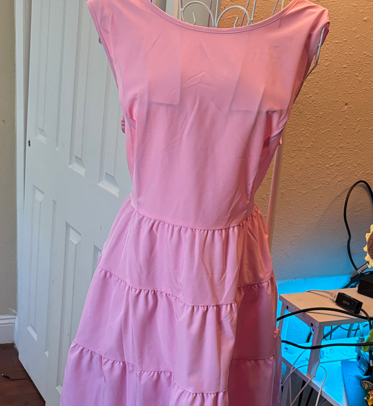 Pink Tiered Cap Sleeve Midi Dress