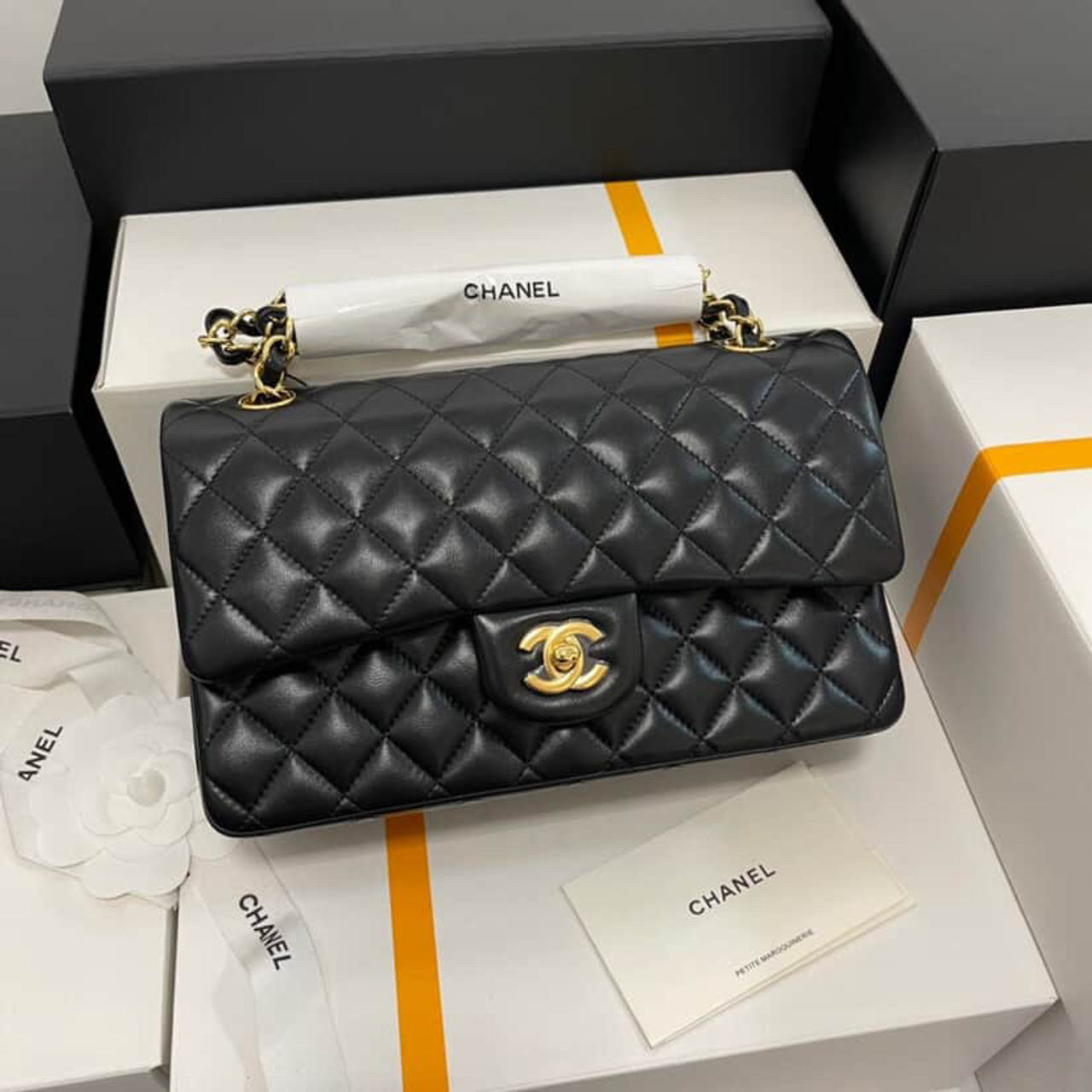 Chanel Classic Medium Double Flap Bag Black Lambskin Gold Hardware
