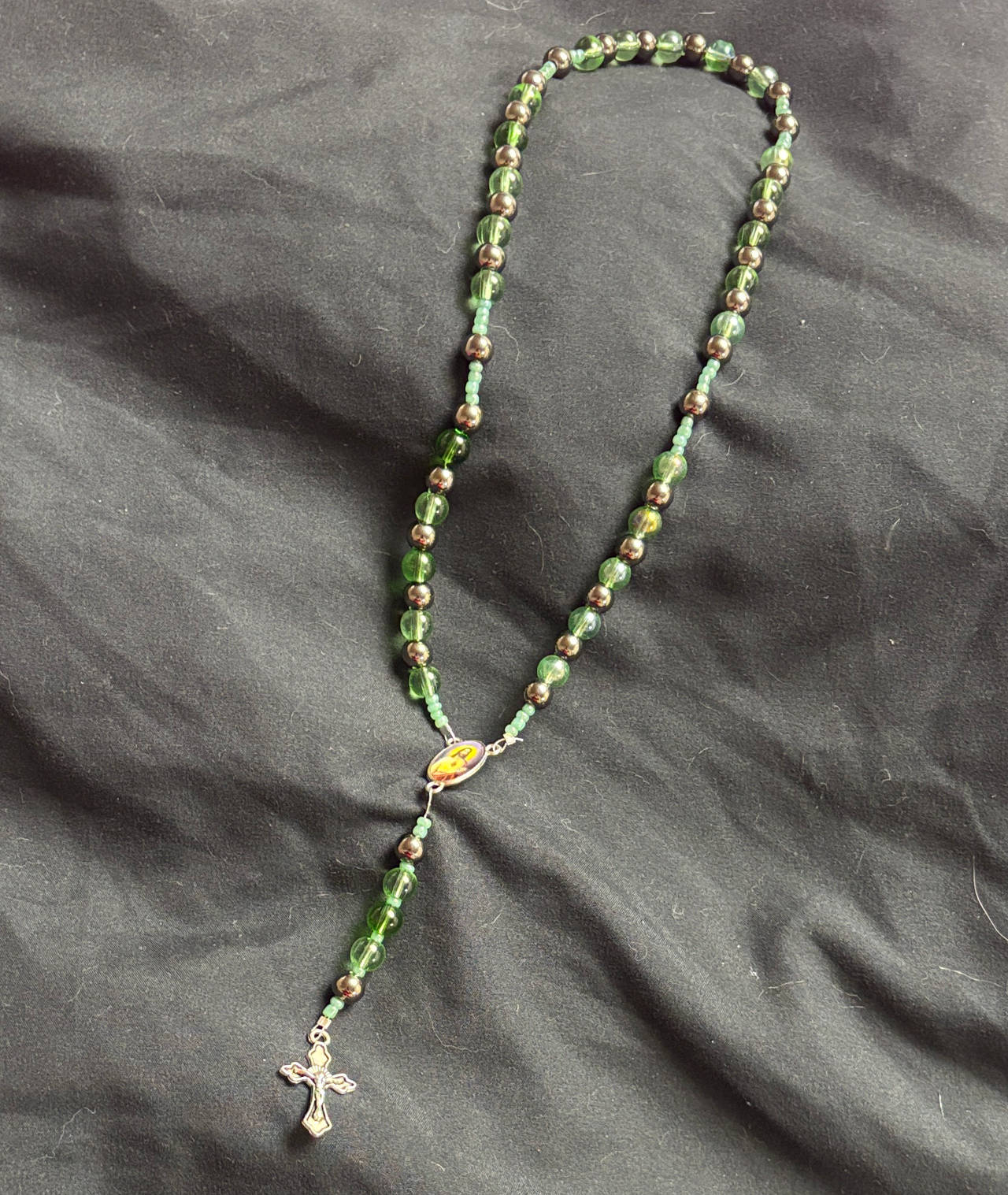 Green Glass Bead Rosary Necklace with Crucifix