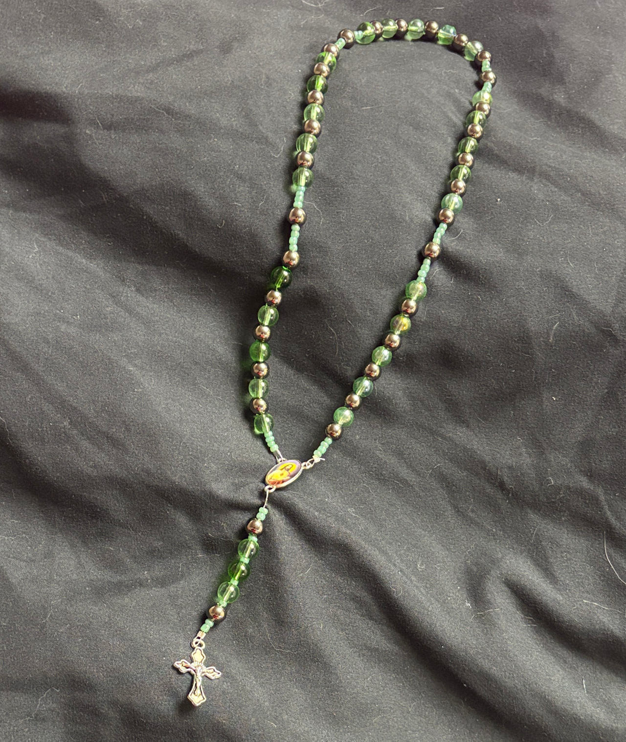 Green Glass Bead Rosary Necklace with Crucifix