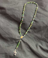 Green Glass Bead Rosary Necklace with Crucifix - Image 1