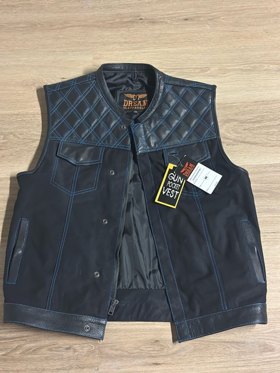 Size 46 Men's Black Leather Motorcycle Club Vest with Blue Diamond Padding