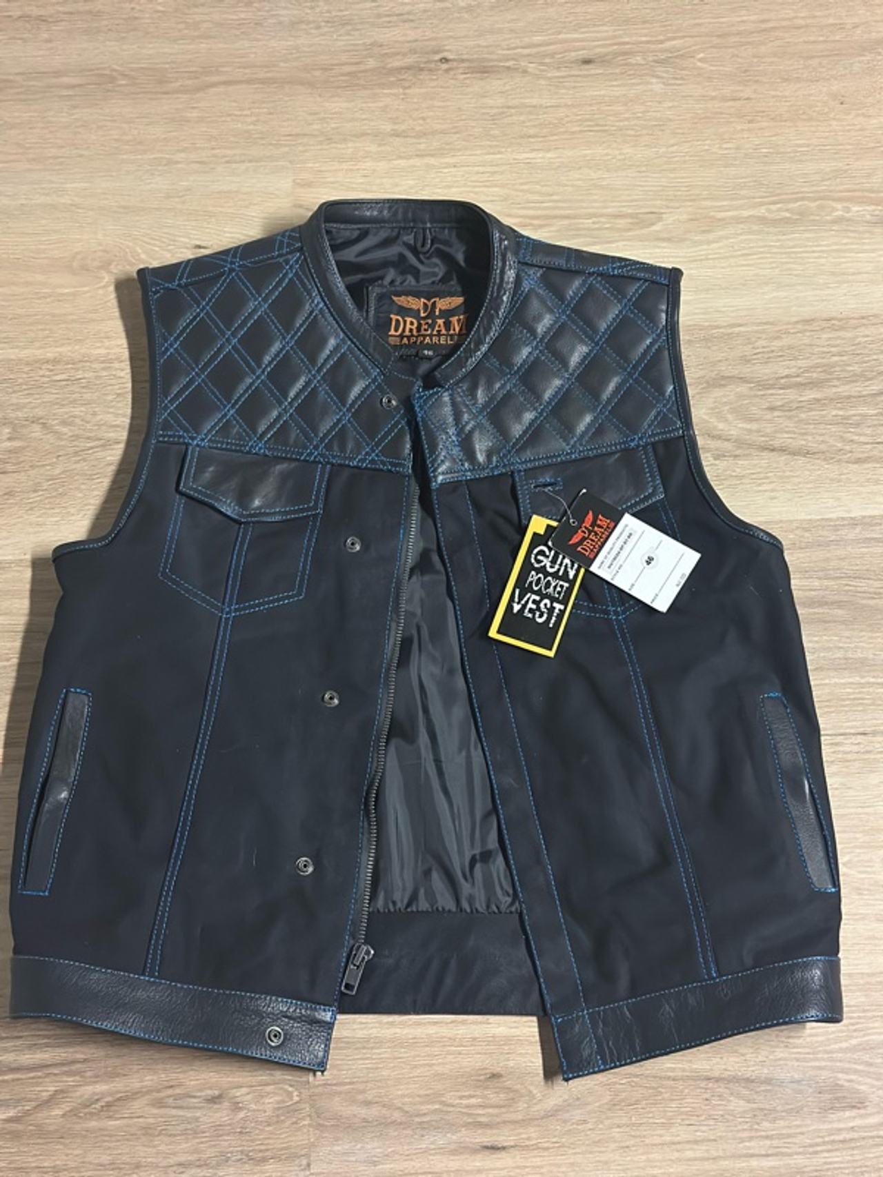Size 46 Men's Black Leather Motorcycle Club Vest with Blue Diamond Padding